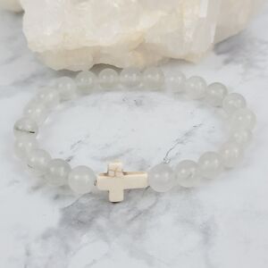 Milky Quartz White Beaded Bracelet Cross Charm Jewelry Gift Handmade Artisan